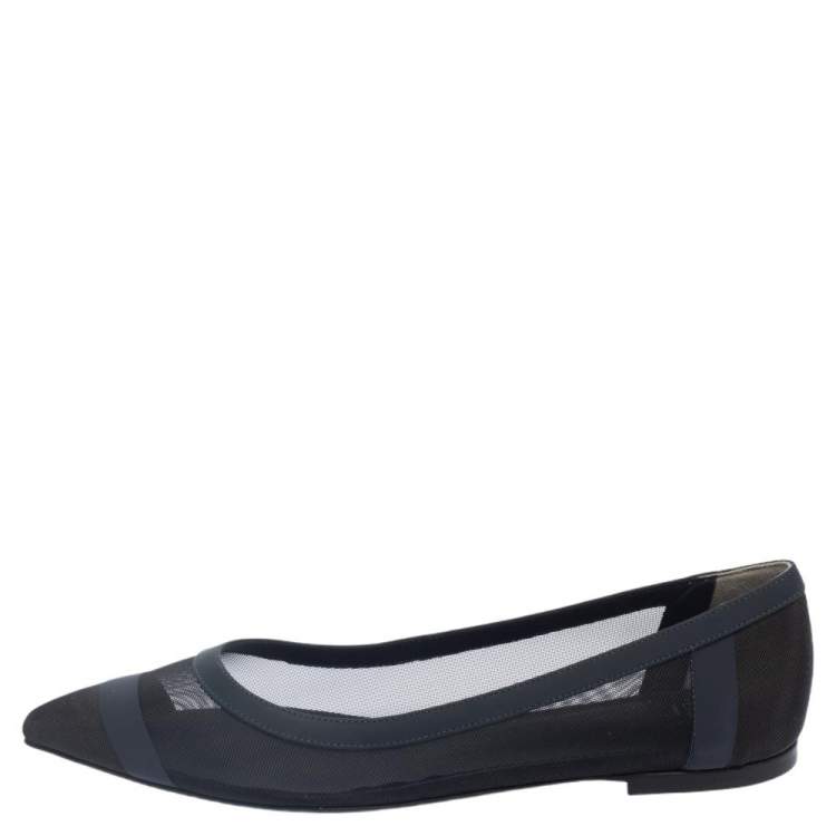 Pre Owned Fendi Black/Blue Mesh And Leather Flats Size 38.5