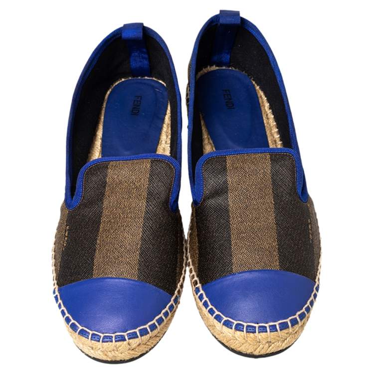 Pre Owned Fendi Brown/Blue Coated Canvas And Leather Espadrille Flats Size 40.5