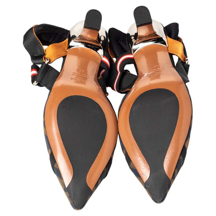 Pre Owned Fendi Brown/Black Zucca Mesh And Leather Colibri Slingback Sandals Size 38