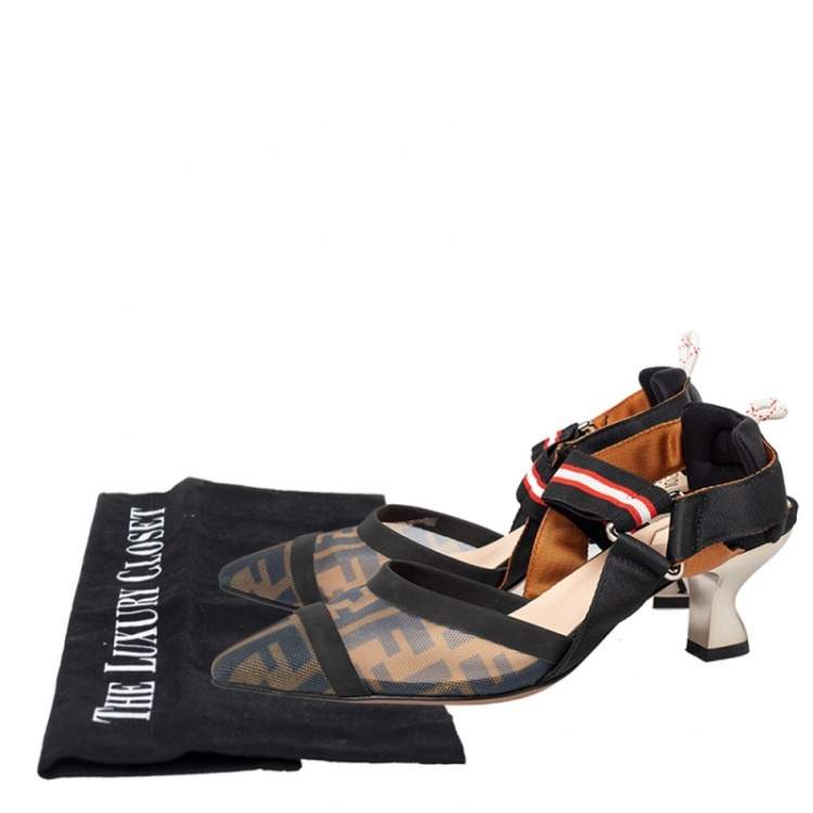 Pre Owned Fendi Brown/Black Zucca Mesh And Leather Colibri Slingback Sandals Size 38