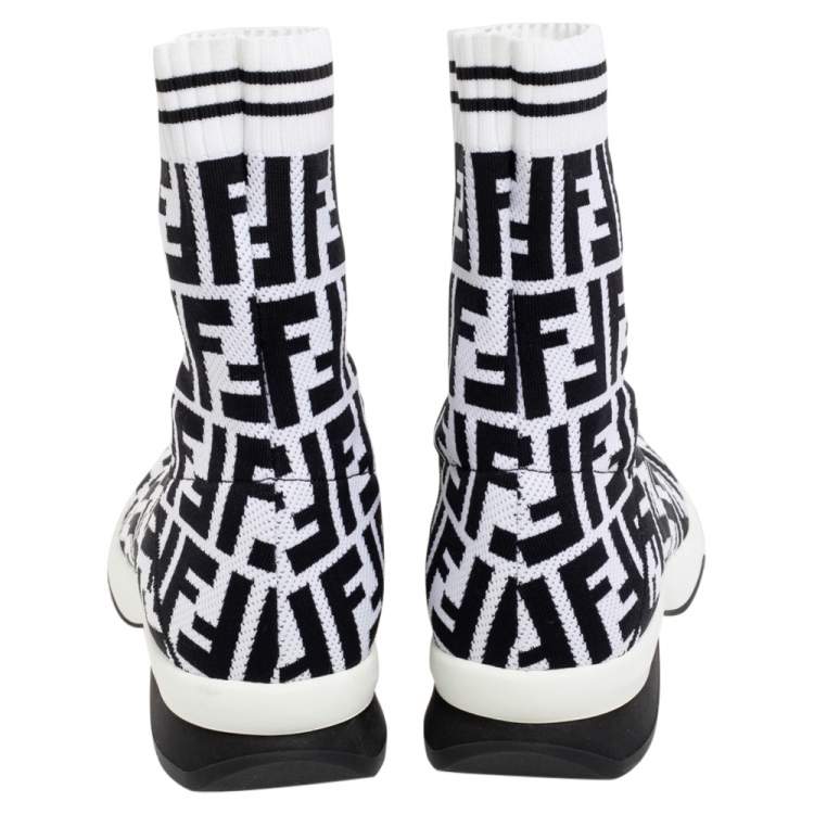 Pre Owned Fendi Black/White Knit Fabric Logo Sock Sneakers Size 39