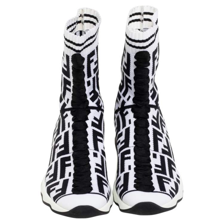 Pre Owned Fendi Black/White Knit Fabric Logo Sock Sneakers Size 39