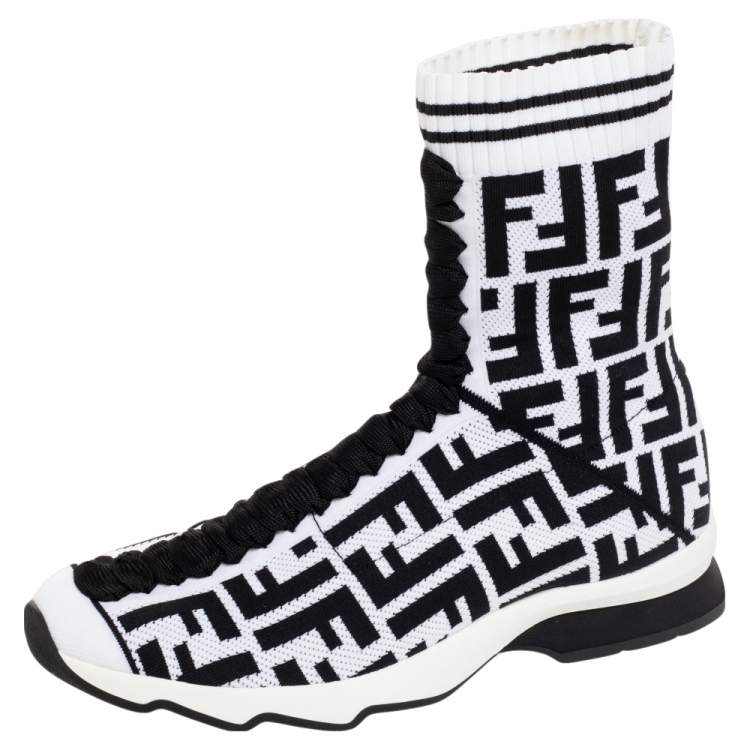 Pre Owned Fendi Black/White Knit Fabric Logo Sock Sneakers Size 39