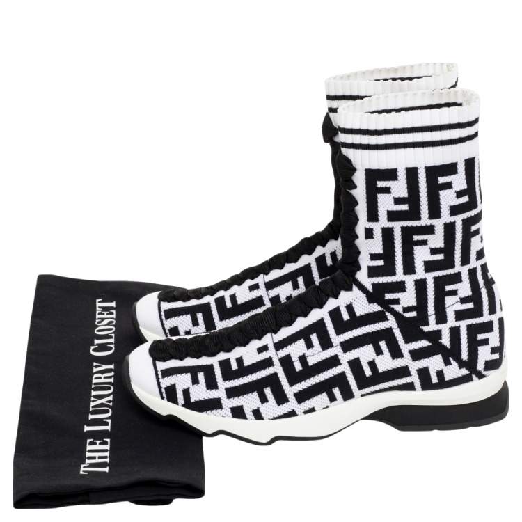 Pre Owned Fendi Black/White Knit Fabric Logo Sock Sneakers Size 39