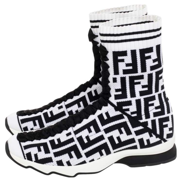 Pre Owned Fendi Black/White Knit Fabric Logo Sock Sneakers Size 39