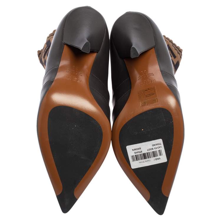 Pre Owned Fendi Brown Leather and Fabric Pointed Toe Ankle Boots Size 36