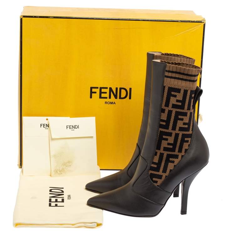 Pre Owned Fendi Brown Leather and Fabric Pointed Toe Ankle Boots Size 36