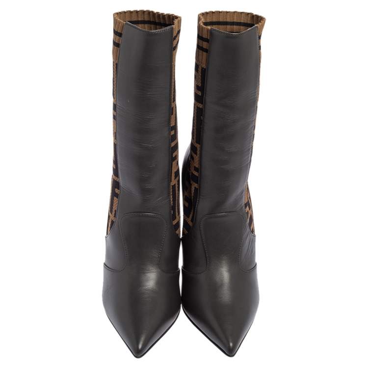 Pre Owned Fendi Brown Leather and Fabric Pointed Toe Ankle Boots Size 36