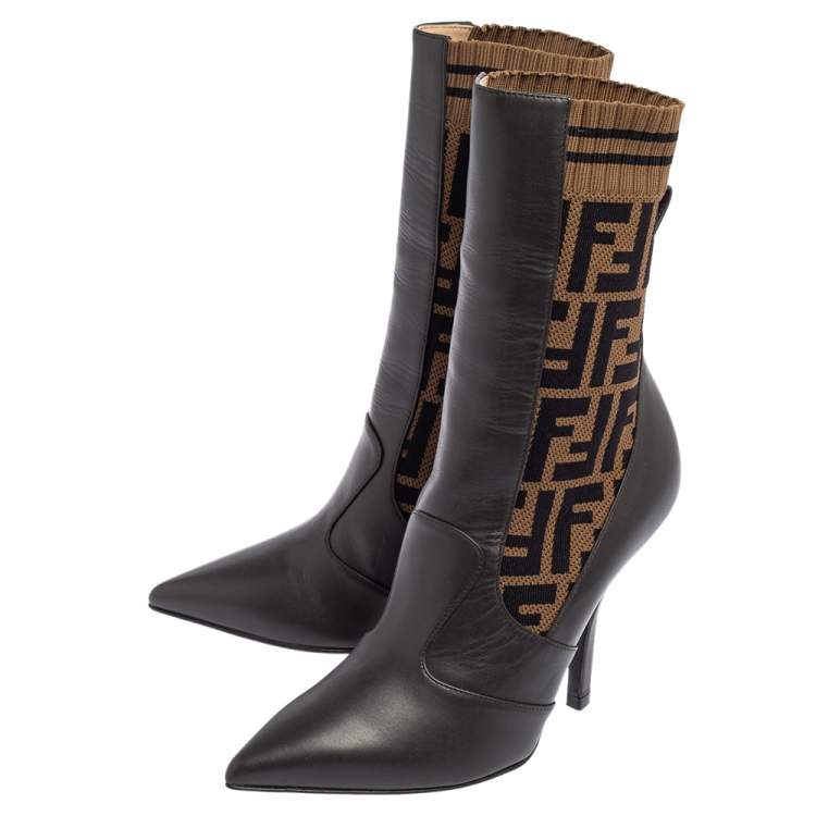 Pre Owned Fendi Brown Leather and Fabric Pointed Toe Ankle Boots Size 36