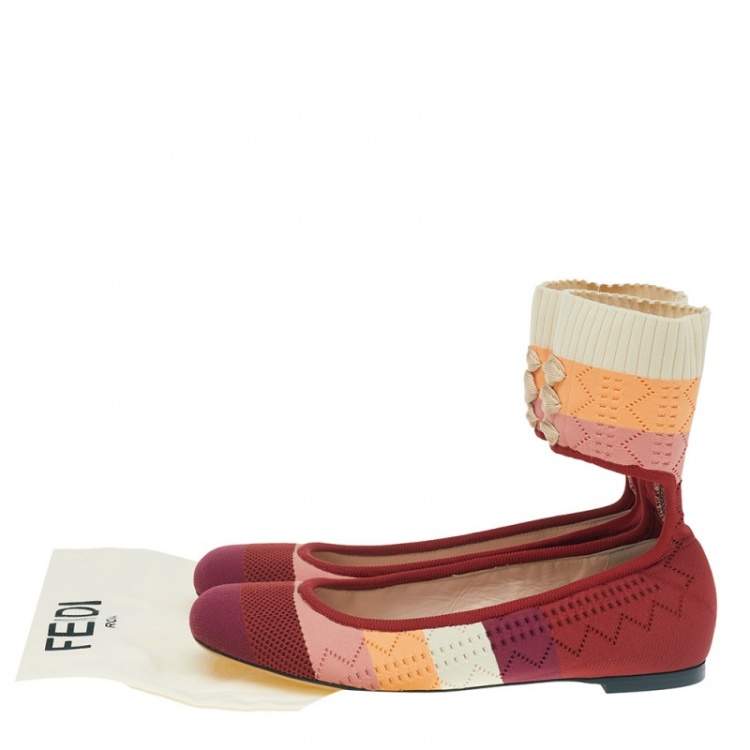 Pre Owned Fendi Multicolor Knit Fabric Rockoko Pointelle Ankle Cuff Ballet Flat Size 38