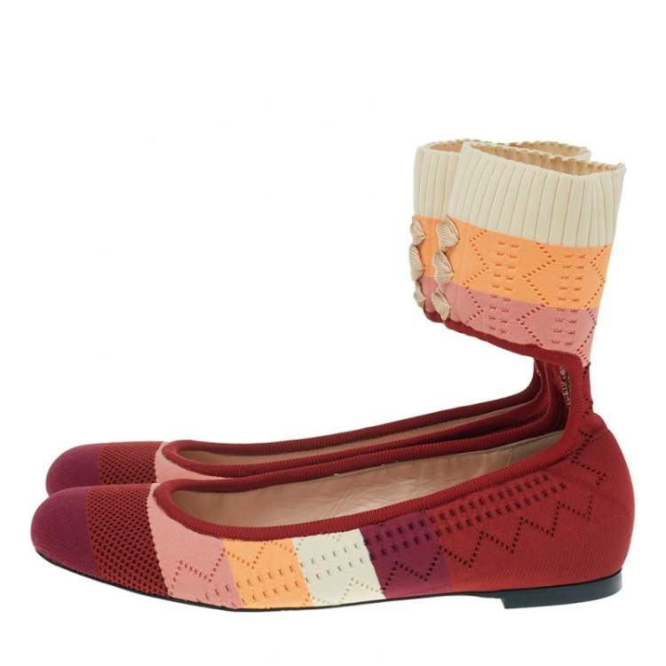 Pre Owned Fendi Multicolor Knit Fabric Rockoko Pointelle Ankle Cuff Ballet Flat Size 38