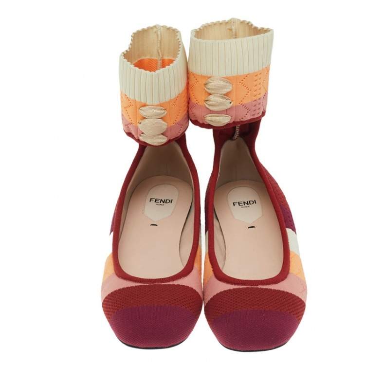 Pre Owned Fendi Multicolor Knit Fabric Rockoko Pointelle Ankle Cuff Ballet Flat Size 38