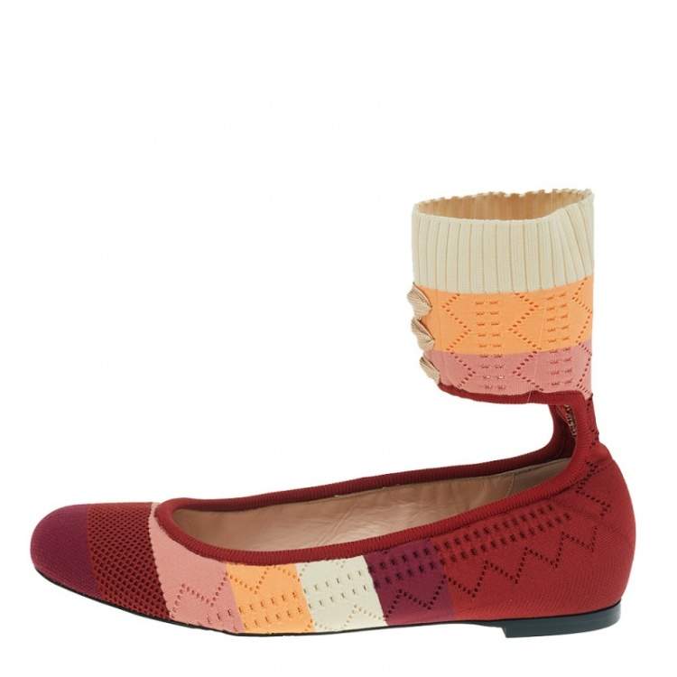 Pre Owned Fendi Multicolor Knit Fabric Rockoko Pointelle Ankle Cuff Ballet Flat Size 38