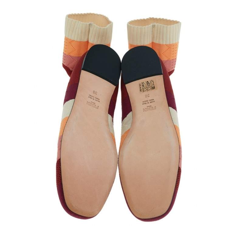 Pre Owned Fendi Multicolor Knit Fabric Rockoko Pointelle Ankle Cuff Ballet Flat Size 38