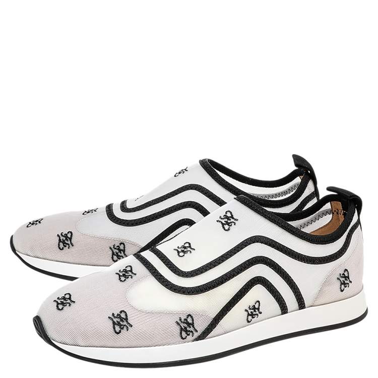 Pre Owned Fendi White/Black Mesh And Leather Freedom Logo Embroidered Slip On Sneakers Size 38