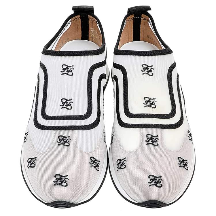 Pre Owned Fendi White/Black Mesh And Leather Freedom Logo Embroidered Slip On Sneakers Size 38