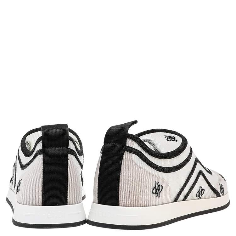 Pre Owned Fendi White/Black Mesh And Leather Freedom Logo Embroidered Slip On Sneakers Size 38