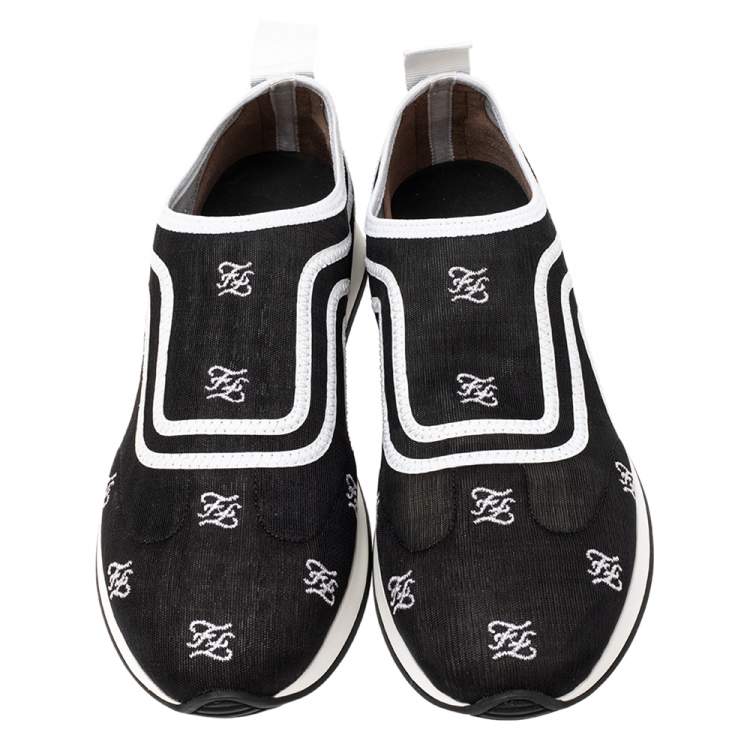 Pre Owned Fendi Black/White Mesh And Leather Freedom Logo Embroidered Slip On Sneakers Size 38