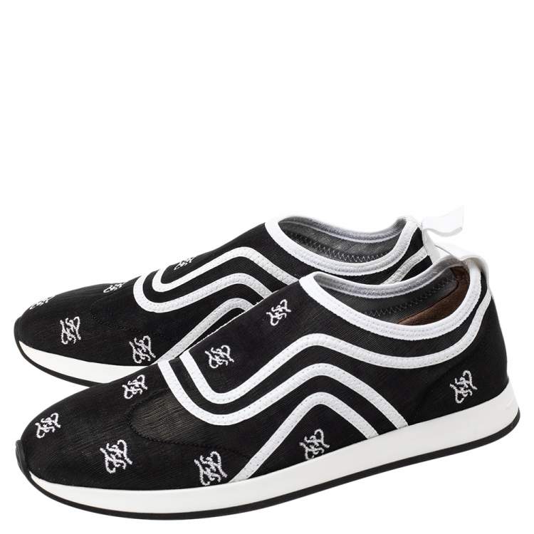 Pre Owned Fendi Black/White Mesh And Leather Freedom Logo Embroidered Slip On Sneakers Size 38