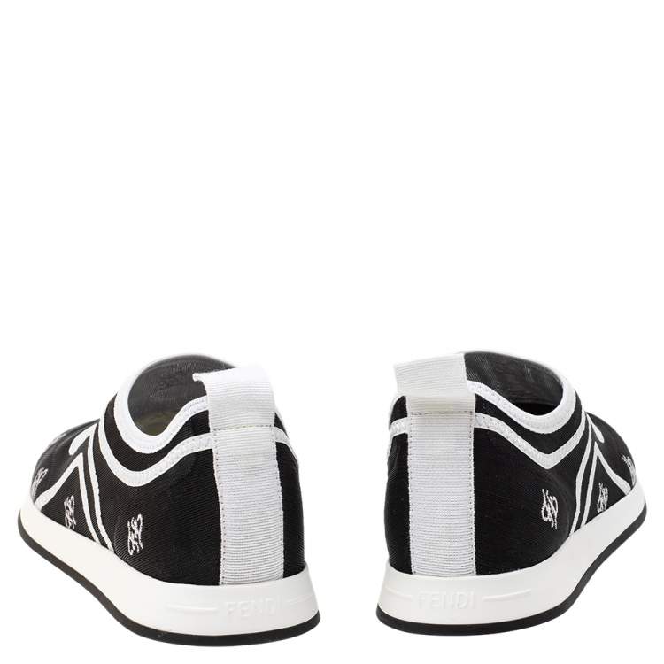 Pre Owned Fendi Black/White Mesh And Leather Freedom Logo Embroidered Slip On Sneakers Size 38