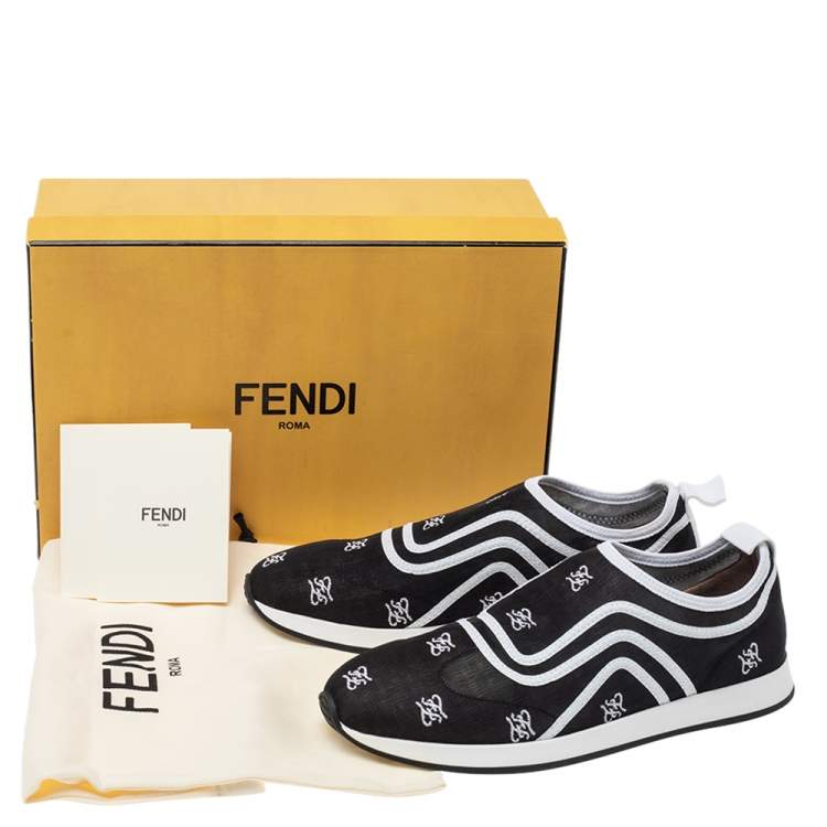 Pre Owned Fendi Black/White Mesh And Leather Freedom Logo Embroidered Slip On Sneakers Size 38
