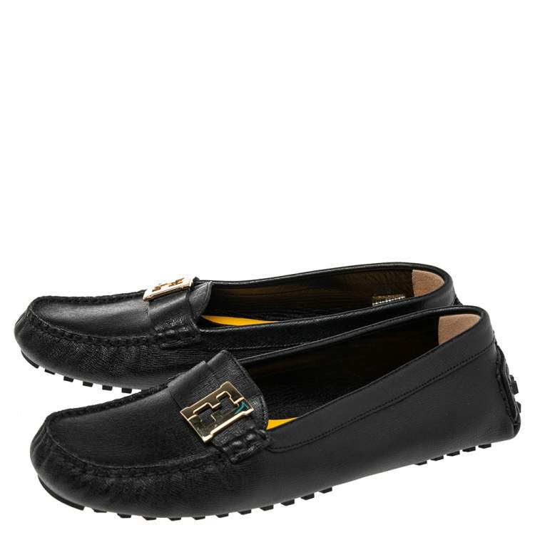 Pre Owned Fendi Black Saffiano Leather Logo Loafers Size 40