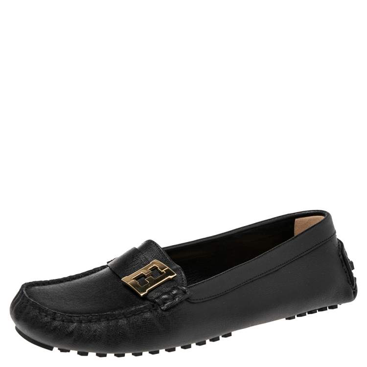 Pre Owned Fendi Black Saffiano Leather Logo Loafers Size 40