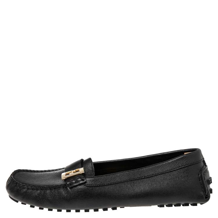 Pre Owned Fendi Black Saffiano Leather Logo Loafers Size 40