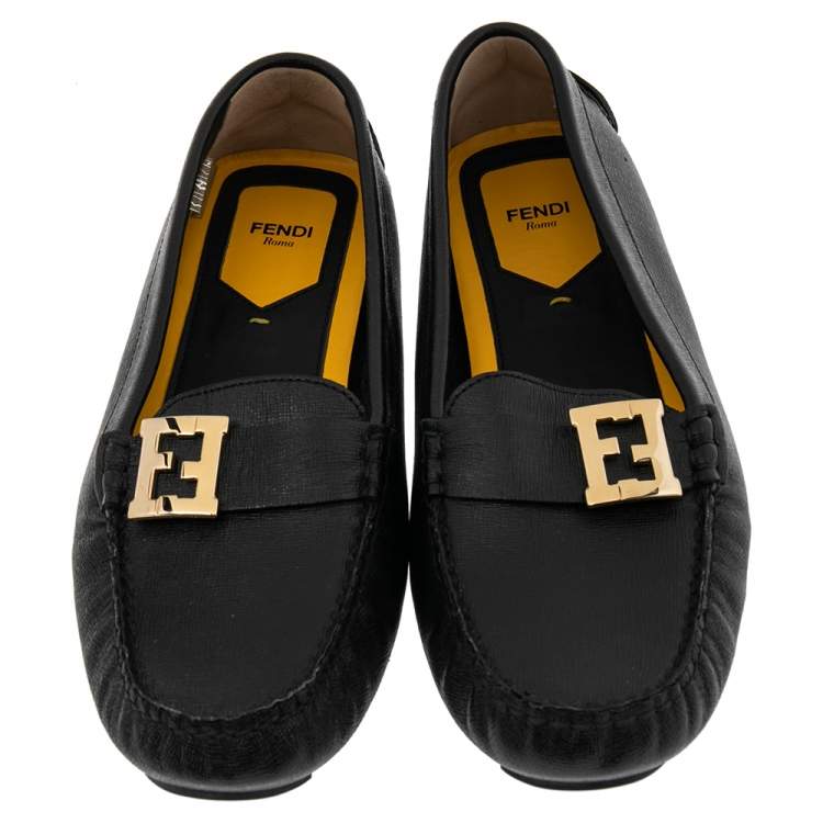 Pre Owned Fendi Black Saffiano Leather Logo Loafers Size 40