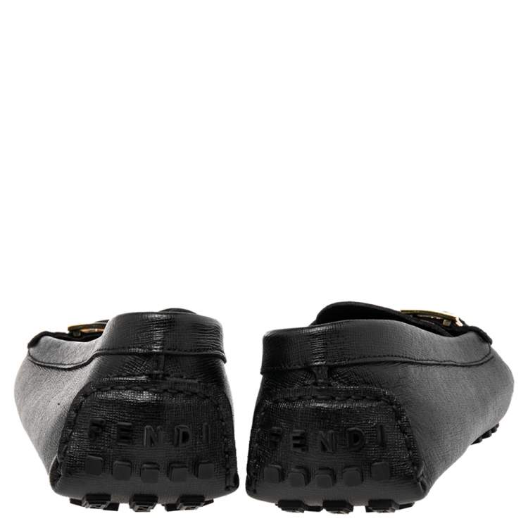 Pre Owned Fendi Black Saffiano Leather Logo Loafers Size 40