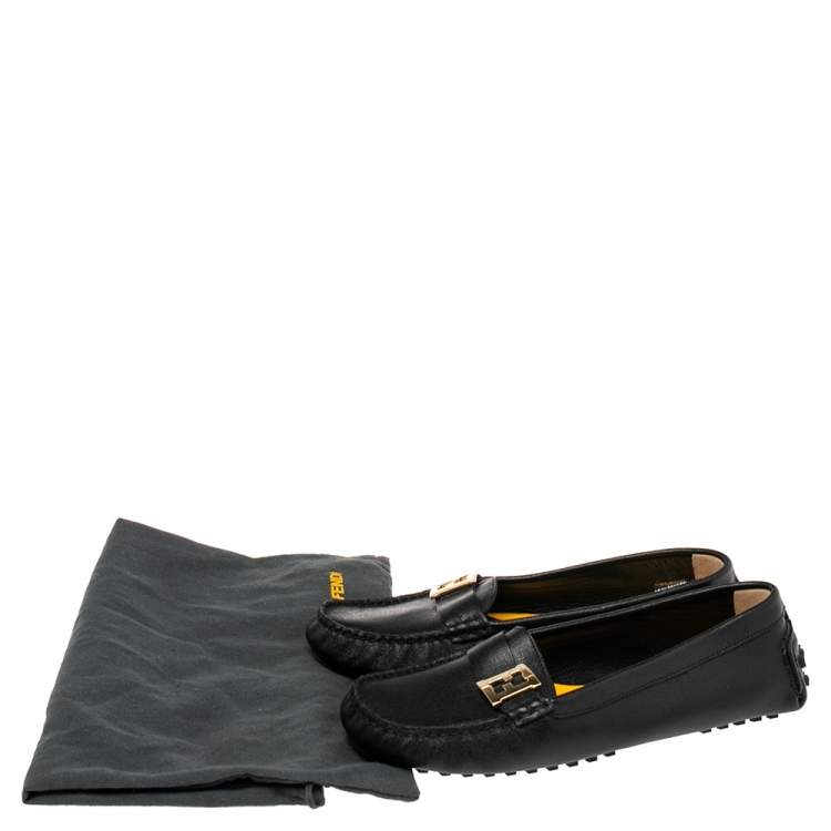 Pre Owned Fendi Black Saffiano Leather Logo Loafers Size 40
