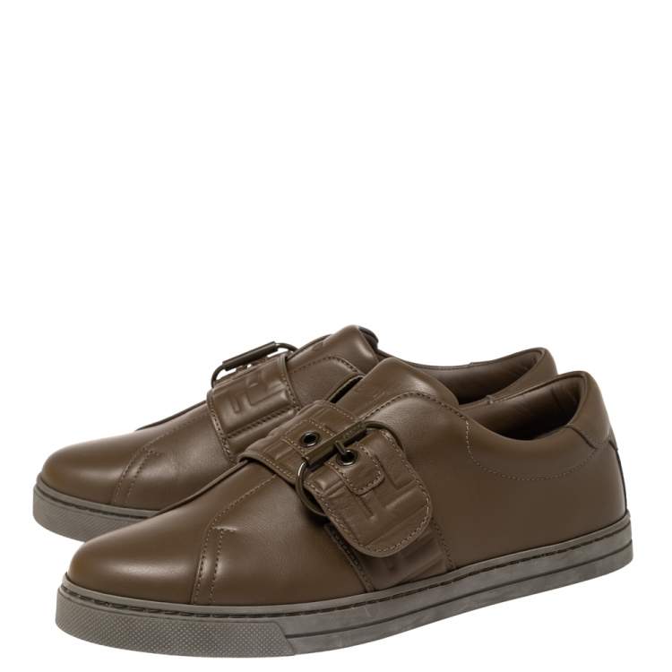 Pre Owned Fendi Olive Green Leather Pearland Slip On Sneakers Size 39