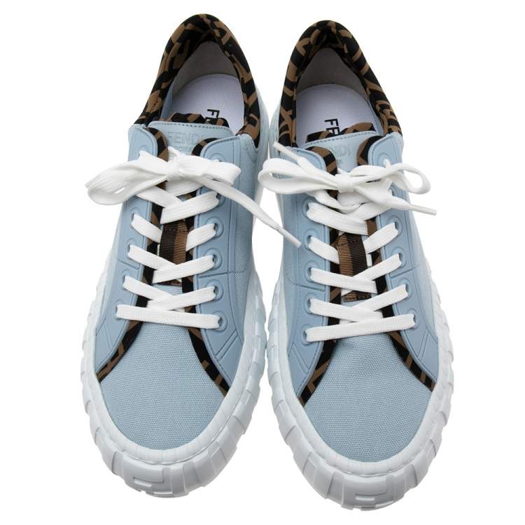 Pre Owned Fendi Blue Canvas and Zucca Fabric Force Low-Top Sneakers Size 40 