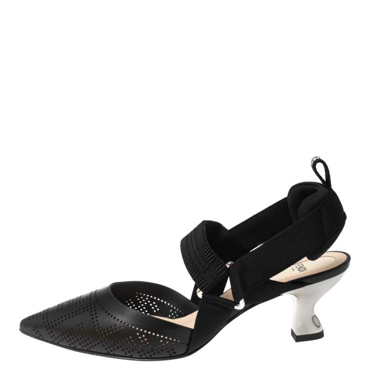 Pre Owned Fendi Black Leather And Canvas Colibri Slingback Sandals Size 37.5