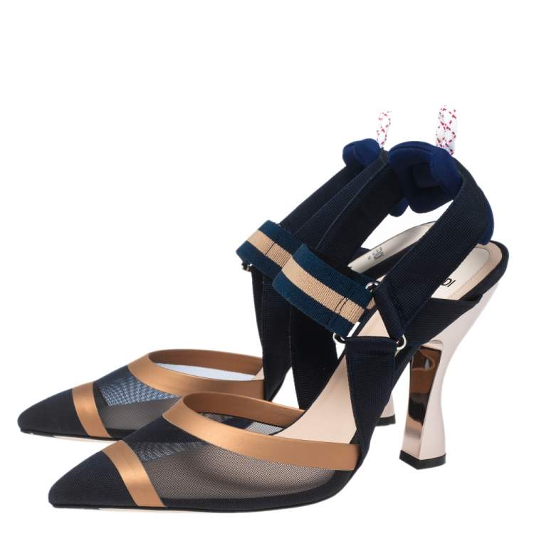 Pre Owned Fendi Navy Blue/Brown Mesh, Leather and Fabric Colibri Slingback Sandals Size 40