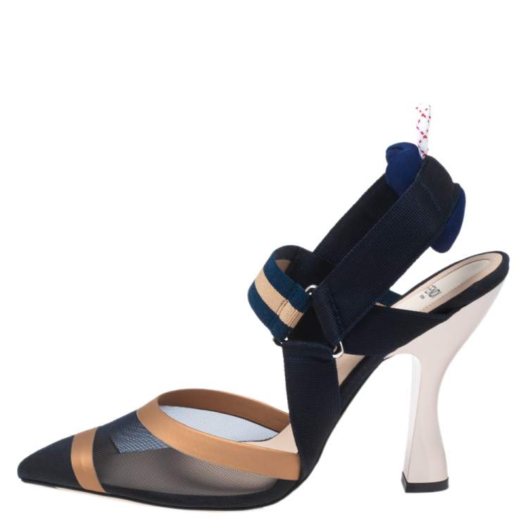 Pre Owned Fendi Navy Blue/Brown Mesh, Leather and Fabric Colibri Slingback Sandals Size 40