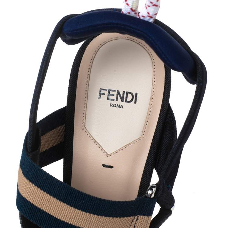 Pre Owned Fendi Navy Blue/Brown Mesh, Leather and Fabric Colibri Slingback Sandals Size 40