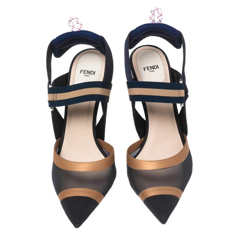 Pre Owned Fendi Navy Blue/Brown Mesh, Leather and Fabric Colibri Slingback Sandals Size 40