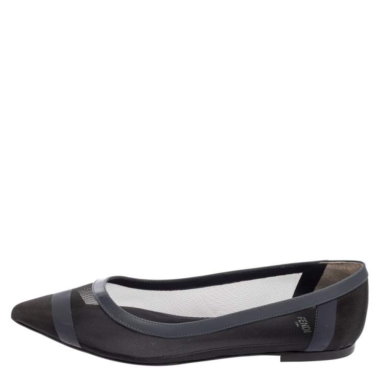 Pre Owned Fendi Black/Navy Blue Mesh and Leather Colibri Pointed Toe Ballet Flats Size 37