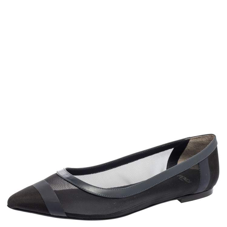 Pre Owned Fendi Black/Navy Blue Mesh and Leather Colibri Pointed Toe Ballet Flats Size 37