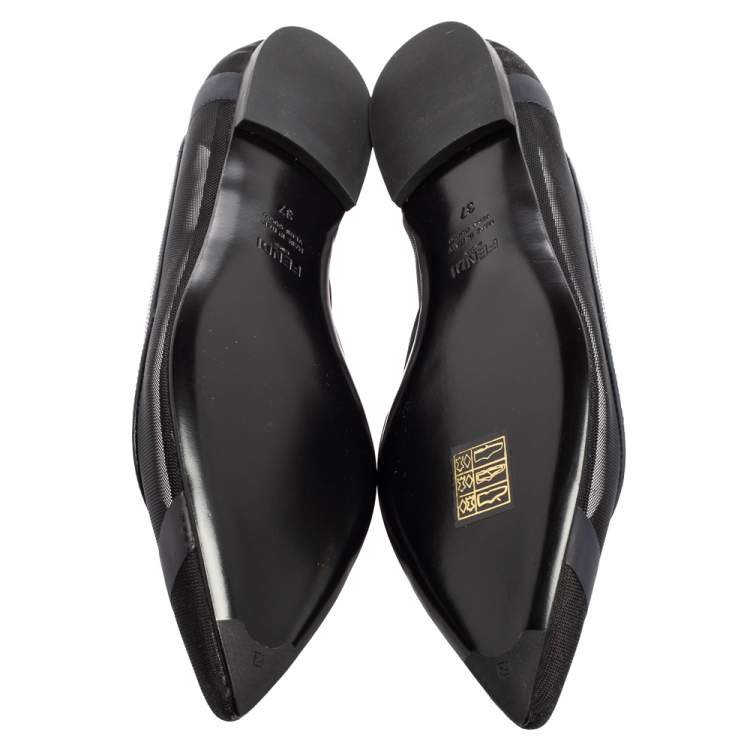 Pre Owned Fendi Black/Navy Blue Mesh and Leather Colibri Pointed Toe Ballet Flats Size 37