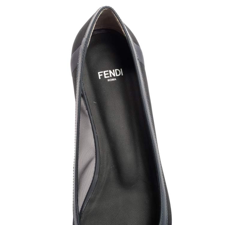 Pre Owned Fendi Black/Navy Blue Mesh and Leather Colibri Pointed Toe Ballet Flats Size 37