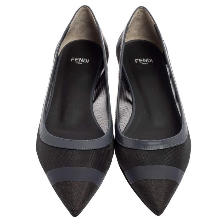 Pre Owned Fendi Black/Navy Blue Mesh and Leather Colibri Pointed Toe Ballet Flats Size 37