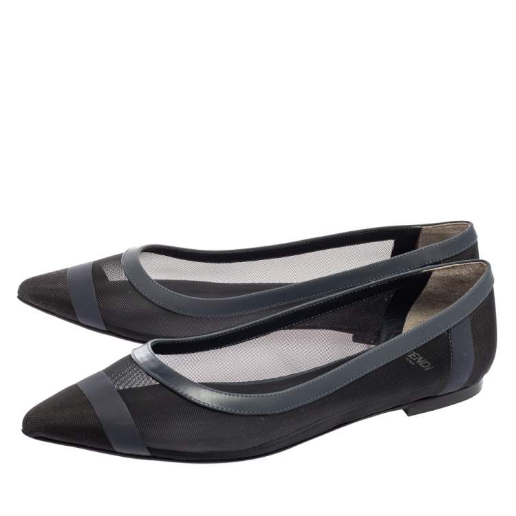 Pre Owned Fendi Black/Navy Blue Mesh and Leather Colibri Pointed Toe Ballet Flats Size 37