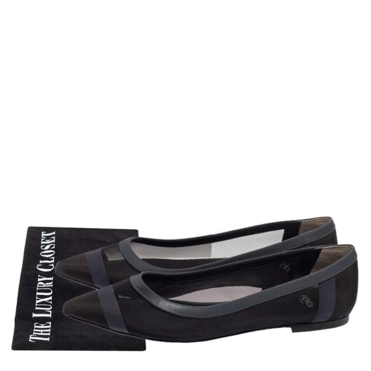 Pre Owned Fendi Black/Navy Blue Mesh and Leather Colibri Pointed Toe Ballet Flats Size 37