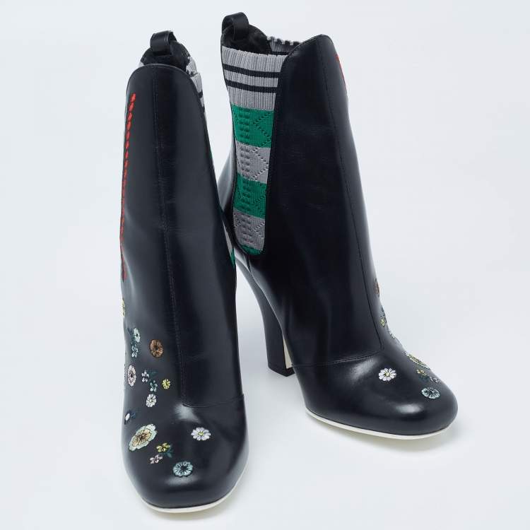 مملوكة مسبقًا Fendi Black Leather Embroidered Ankle Boots Size 38.5