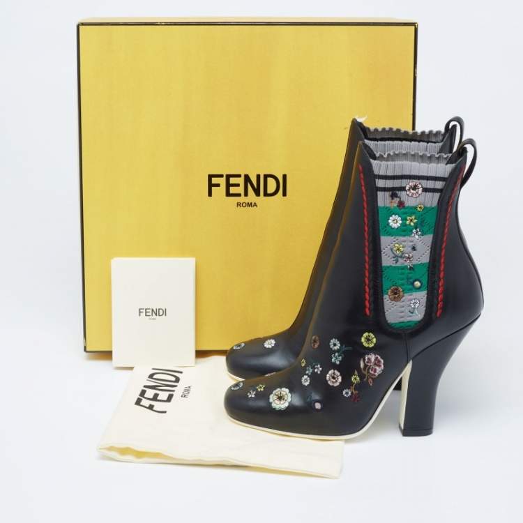 Pre Owned Fendi Black Leather And Fabric Embroidered Ankle Length Boots Size 38