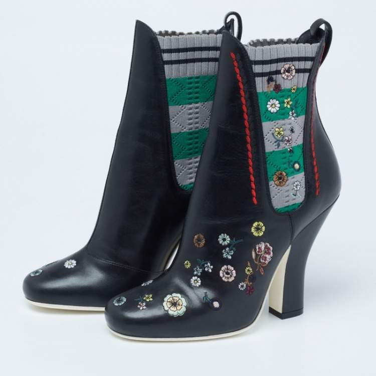 Pre Owned Fendi Black Leather And Fabric Embroidered Ankle Length Boots Size 38