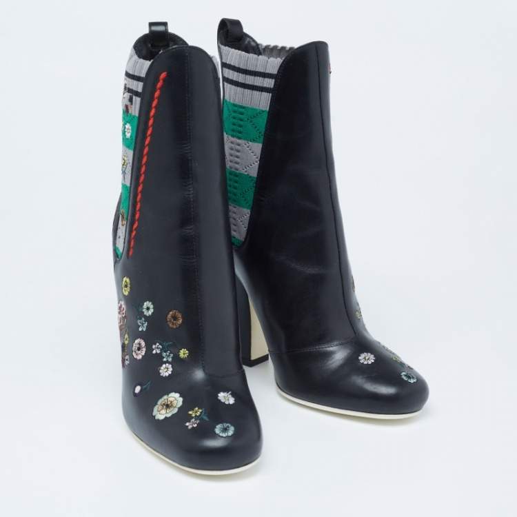 Pre Owned Fendi Black Leather And Fabric Embroidered Ankle Length Boots Size 38