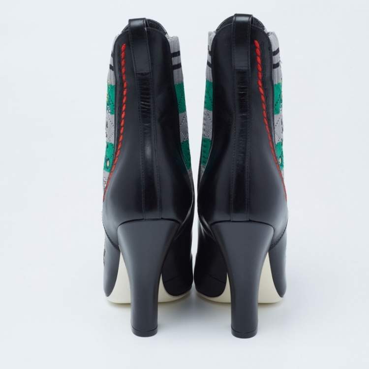 Pre Owned Fendi Black Leather And Fabric Embroidered Ankle Length Boots Size 38